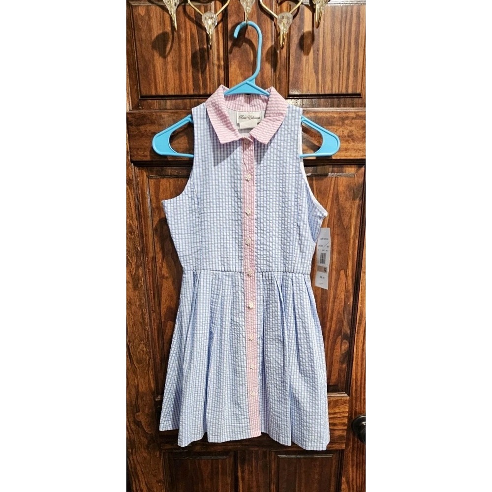 Rare Editions Girls Seersucker Gingham Dress Size 12 NWT Blue Pink Floral Button
